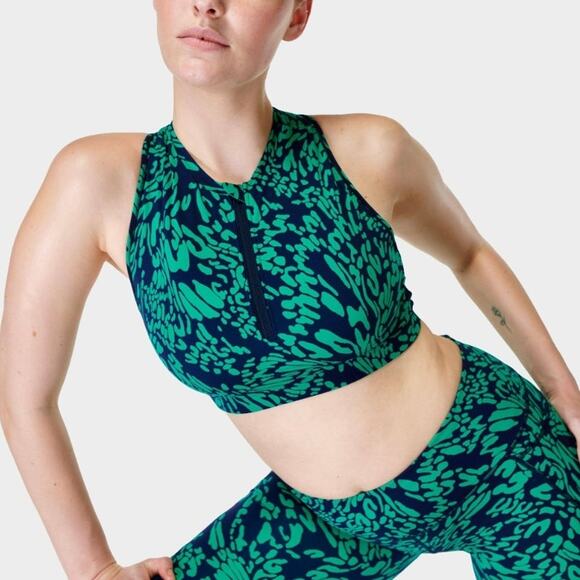 Sweaty Betty Power Contour Zip-Front Sports Bra in Green Butterfly Print Size XL - Picture 1 of 7